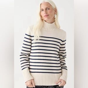 Women’s J.Crew Cotton turtleneck sweater cream with navy stripes. Size Medium.